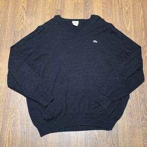 Lacoste Mens XL Organic Cotton Jersey V-Neck Sweater Black Chest Logo Stretch E9